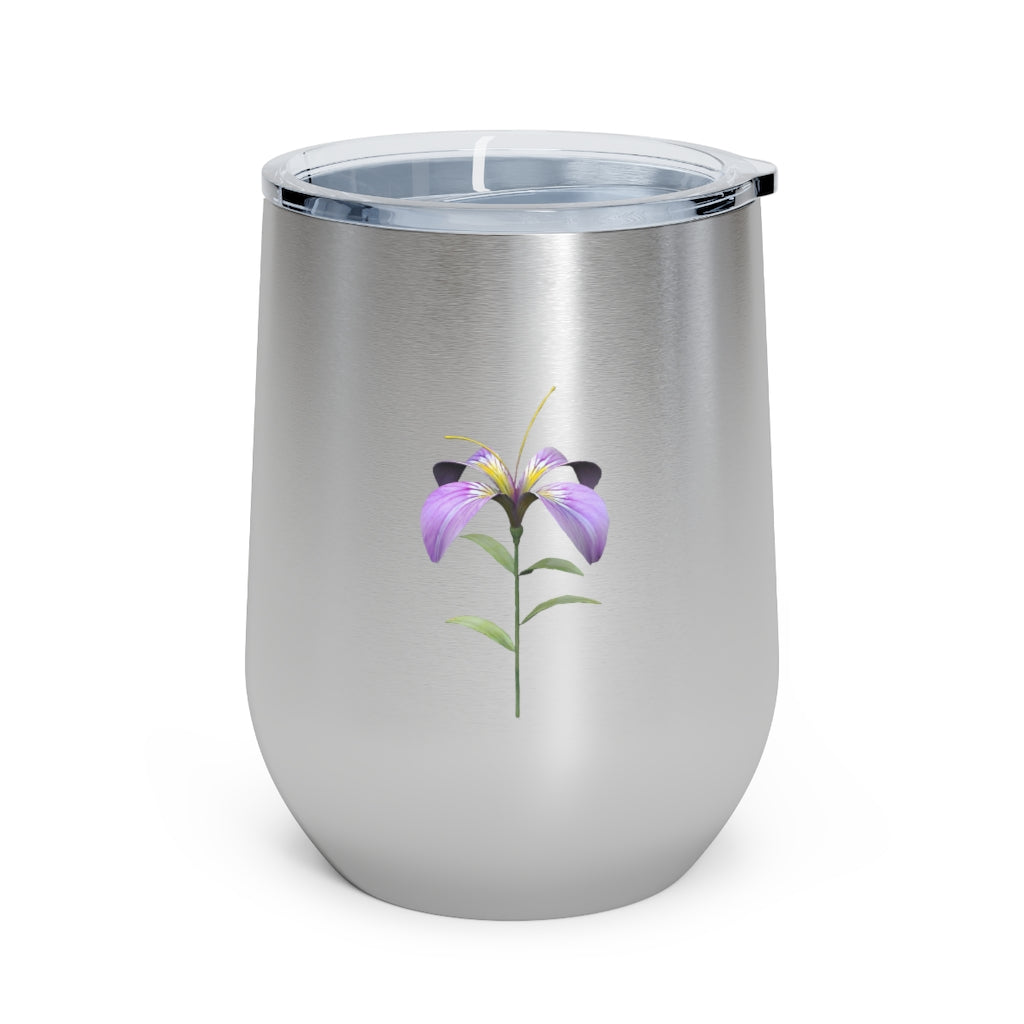 Purple Flower 12oz Insulated Wine Tumbler with clear lid, showcasing vibrant floral design and stainless steel body.