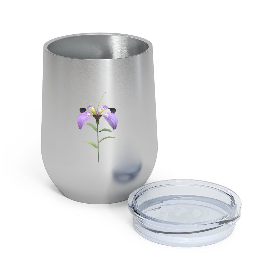 Purple Flower 12oz Insulated Wine Tumbler with clear lid, showcasing vibrant floral design and stainless steel body.