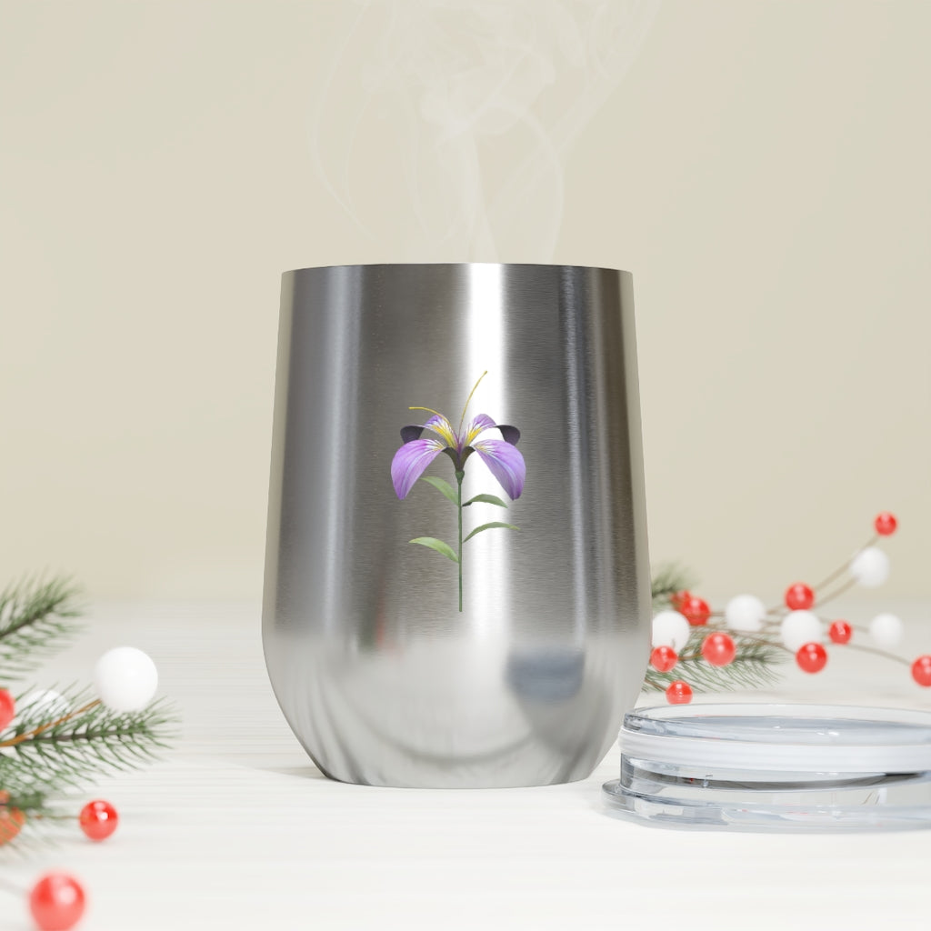 Purple Flower 12oz Insulated Wine Tumbler with clear lid, showcasing vibrant floral design and stainless steel body.