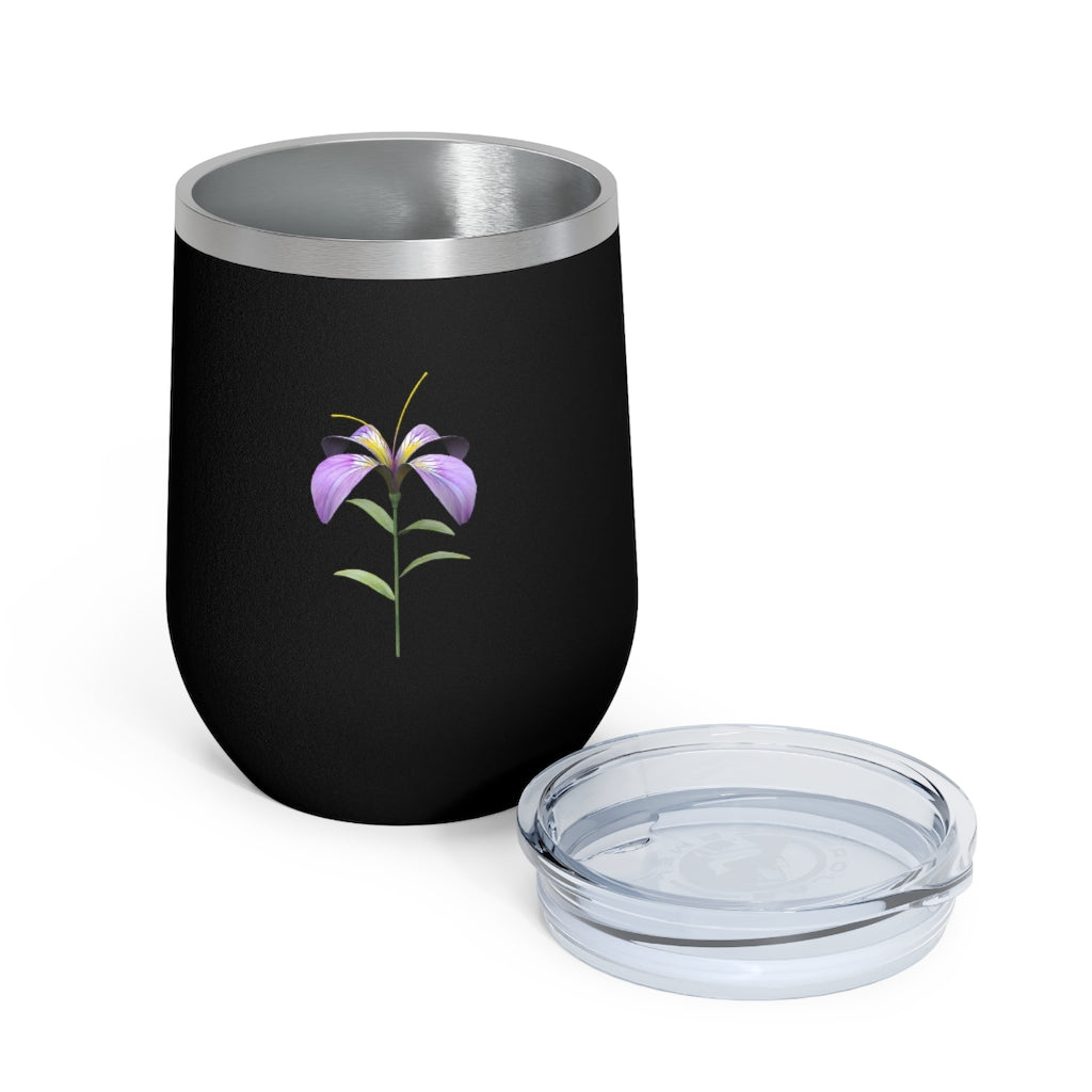 Purple Flower 12oz Insulated Wine Tumbler with clear lid, showcasing vibrant floral design and stainless steel body.