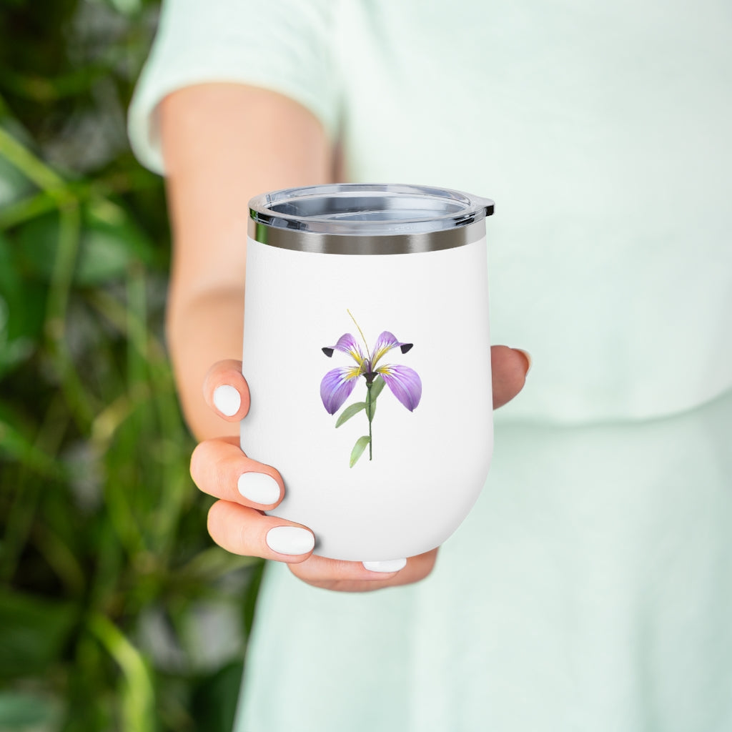 Purple Flower 12oz Insulated Wine Tumbler with clear lid, showcasing a vibrant floral design.