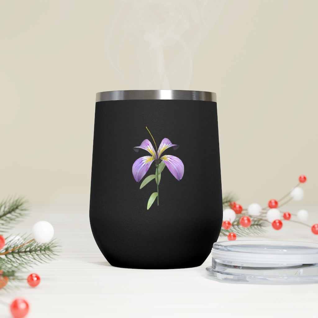 Purple Flower 12oz Insulated Wine Tumbler with clear lid, showcasing a vibrant floral design.