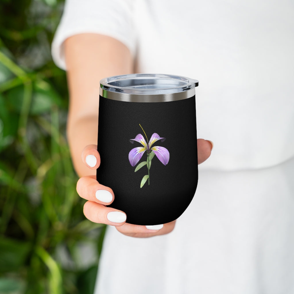 Purple Flower 12oz Insulated Wine Tumbler with clear lid, showcasing a vibrant floral design.