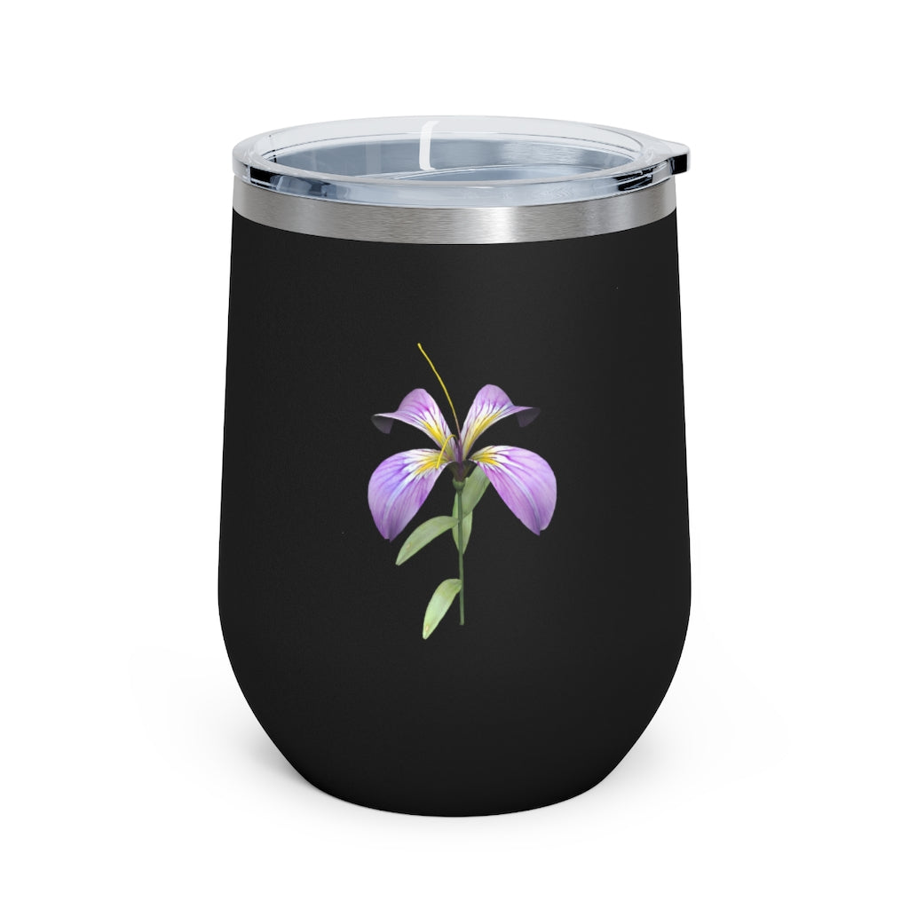 Purple Flower 12oz Insulated Wine Tumbler with clear lid, showcasing a vibrant floral design.