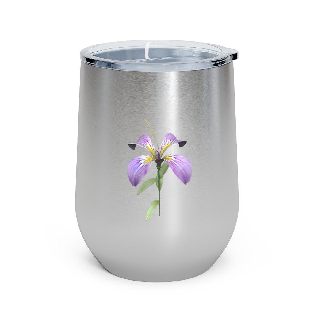 Purple Flower 12oz Insulated Wine Tumbler with clear lid, showcasing a vibrant floral design.