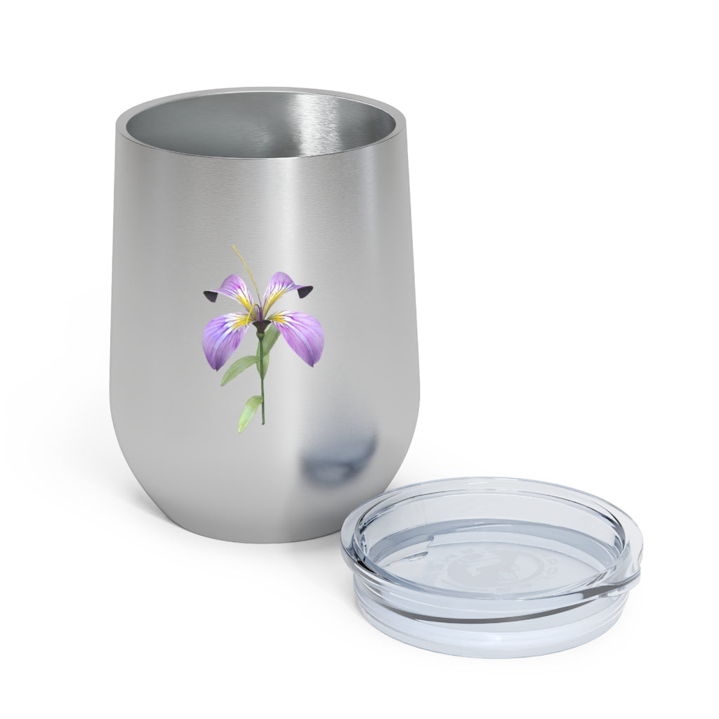 Purple Flower 12oz Insulated Wine Tumbler with clear lid, showcasing a vibrant floral design.