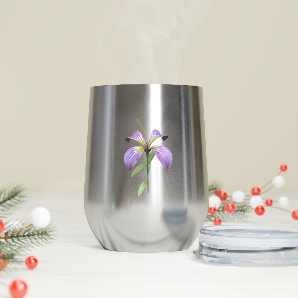 Purple Flower 12oz Insulated Wine Tumbler with clear lid, showcasing a vibrant floral design.