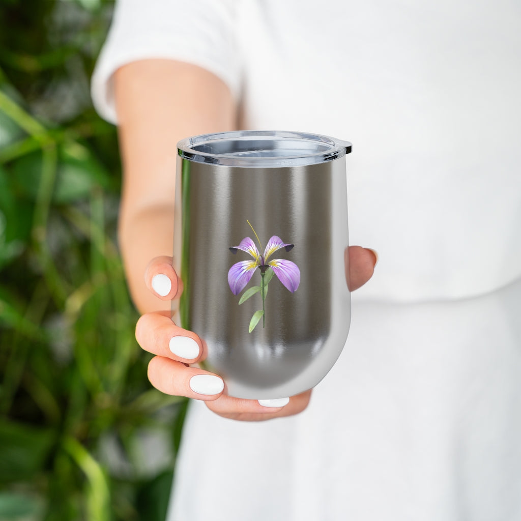 Purple Flower 12oz Insulated Wine Tumbler with clear lid, showcasing a vibrant floral design.