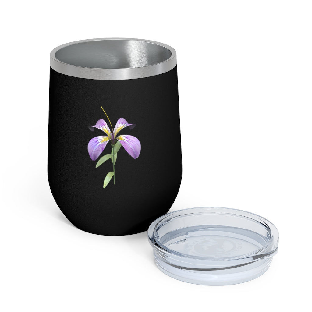 Purple Flower 12oz Insulated Wine Tumbler with clear lid, showcasing a vibrant floral design.