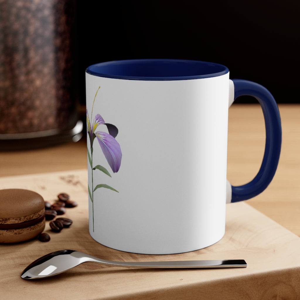 Purple Flower Accent Coffee Mug with C-handle and colorful interior, showcasing vibrant floral design.