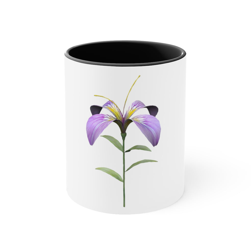 Purple Flower Accent Coffee Mug with C-handle and colorful interior, showcasing vibrant floral design.