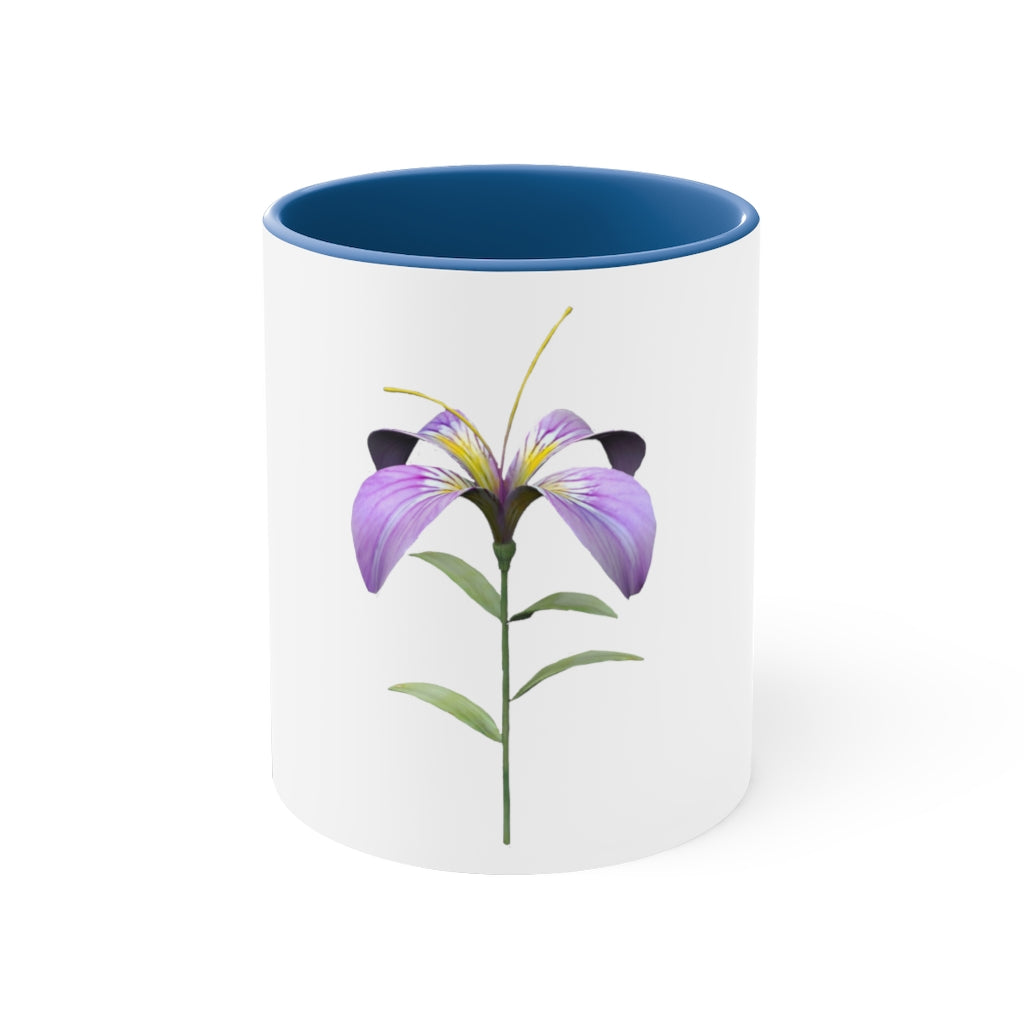 Purple Flower Accent Coffee Mug with C-handle and colorful interior, showcasing vibrant floral design.