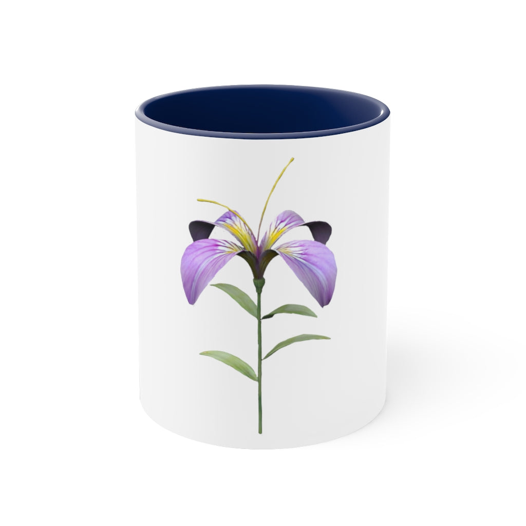 Purple Flower Accent Coffee Mug with C-handle and colorful interior, showcasing vibrant floral design.
