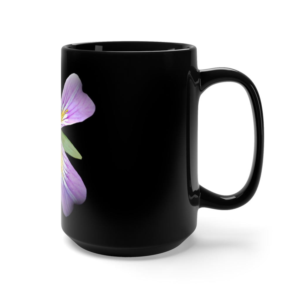 A stylish black ceramic mug featuring a vibrant purple flower design, perfect for coffee and tea lovers.