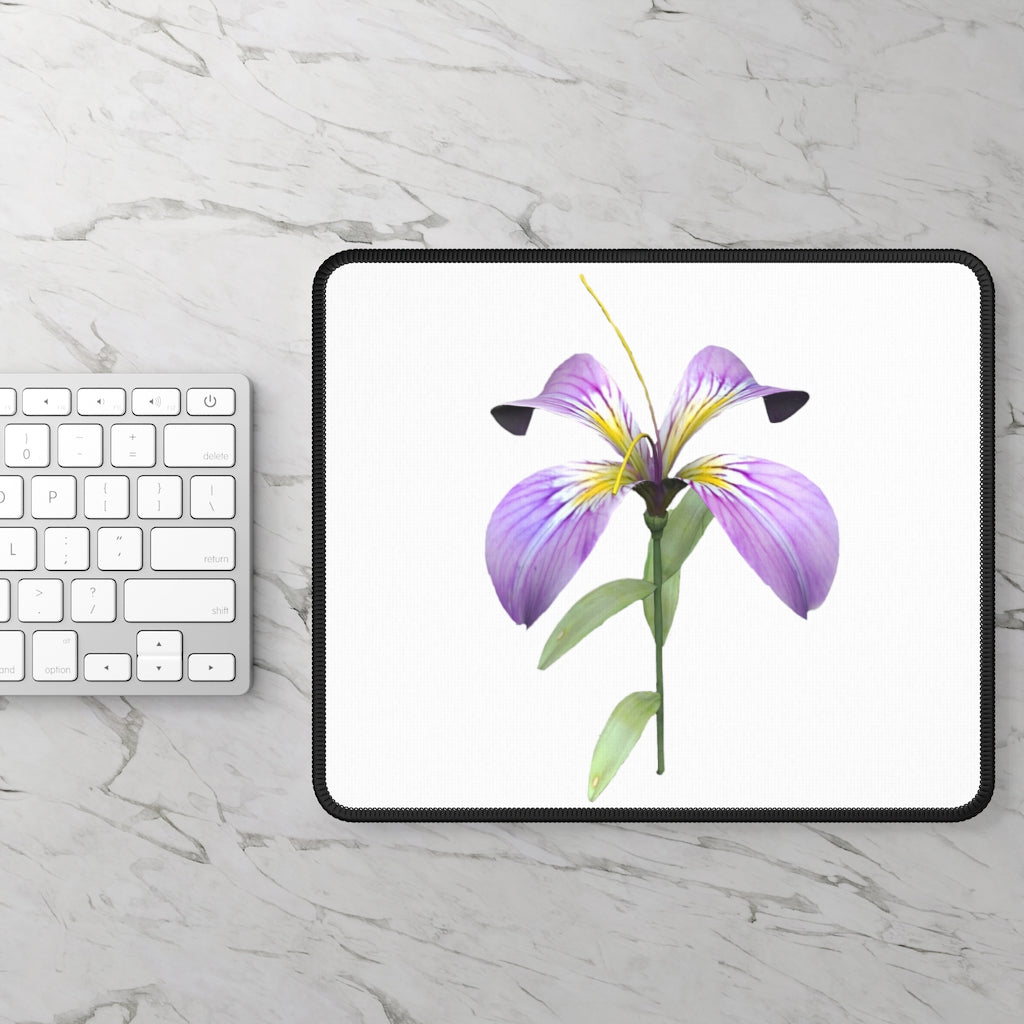 Purple Flower Gaming Mouse Pad featuring vibrant floral design and stitched edges, ideal for gaming and office use.