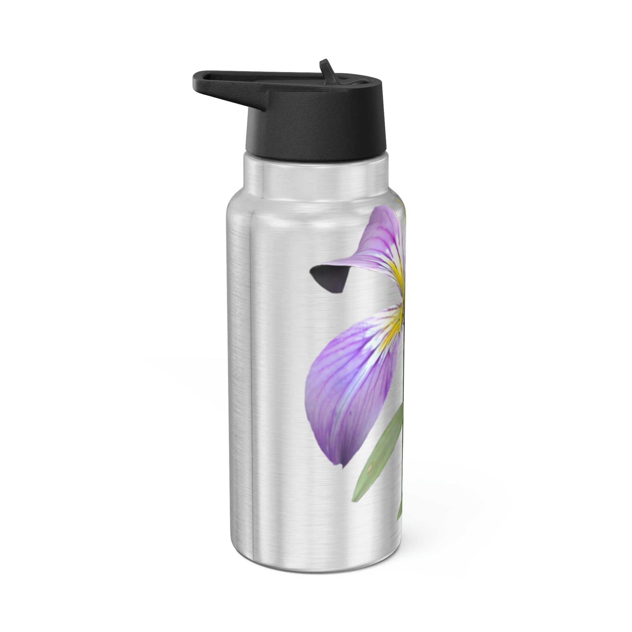 Purple Flower Gator Tumbler, 32oz, featuring a floral design and stainless steel construction with a black screw-on cap and plastic straw.