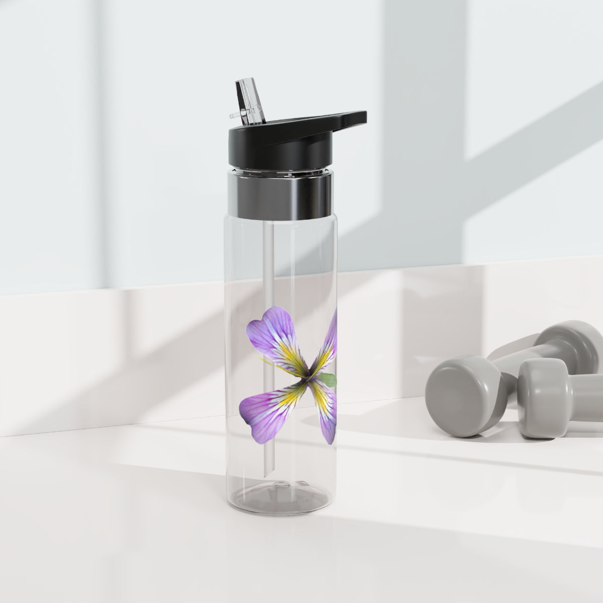 Purple Flower Kensington Tritan™ Sport Bottle, 20oz with a floral design and carabiner hook, perfect for hydration on the go.