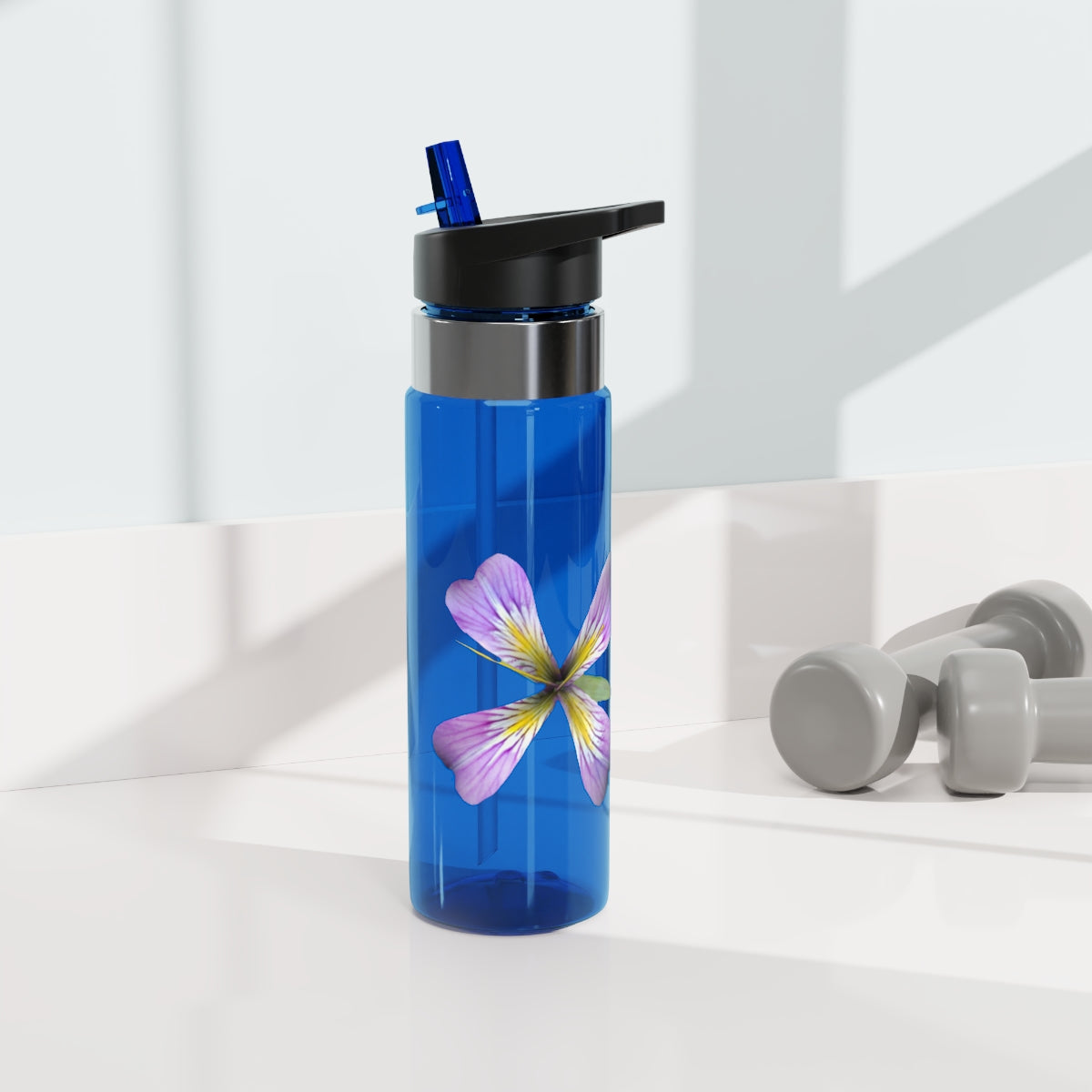 Purple Flower Kensington Tritan™ Sport Bottle, 20oz with a floral design and carabiner hook, perfect for hydration on the go.