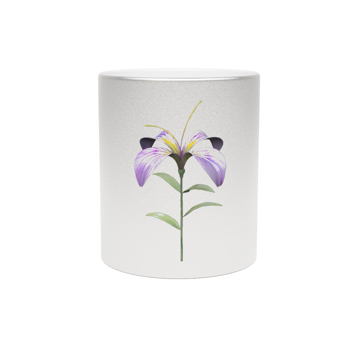 Purple Flower Metallic Mug with Gold and Silver coating, showcasing a vibrant floral design.