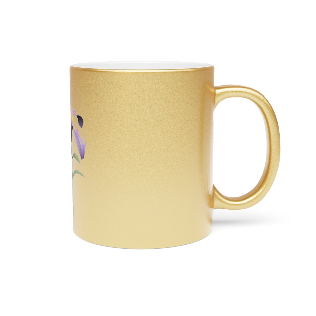 Purple Flower Metallic Mug with Gold and Silver coating, showcasing a vibrant floral design.