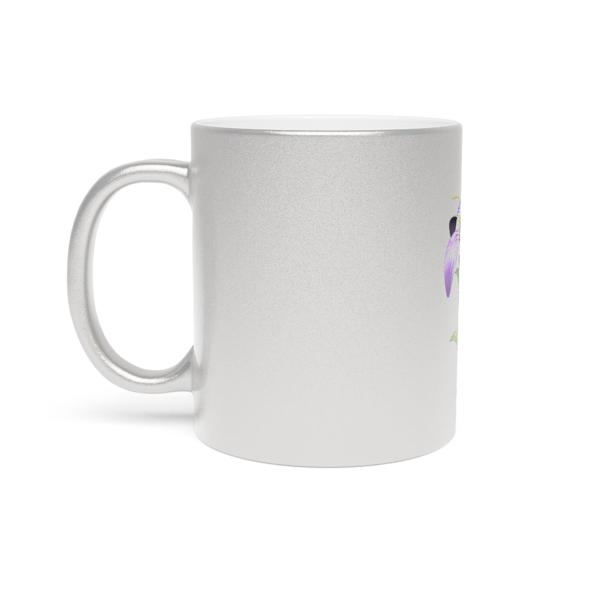 Purple Flower Metallic Mug with Gold and Silver coating, showcasing a vibrant floral design.