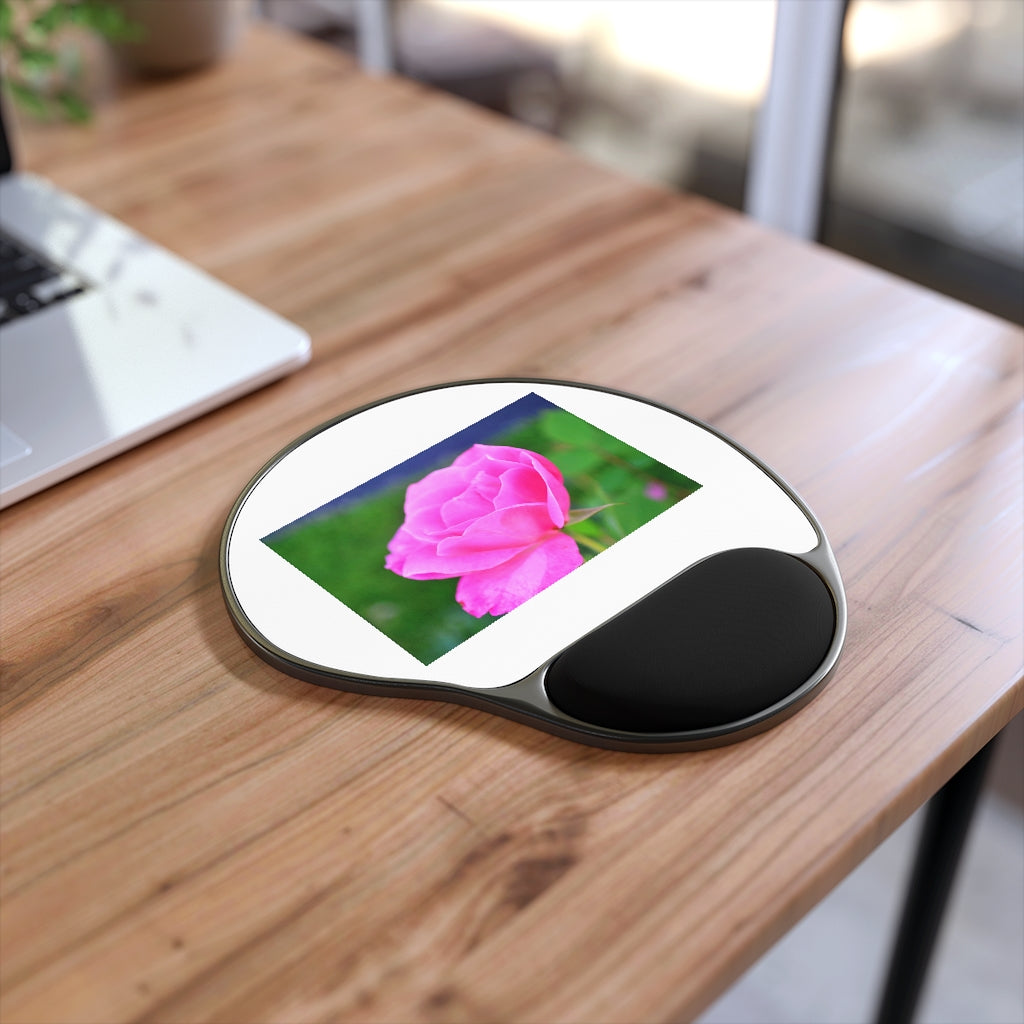 Purple Flower Mouse Pad with Memory Foam wrist rest, featuring a vibrant floral design and ergonomic support.