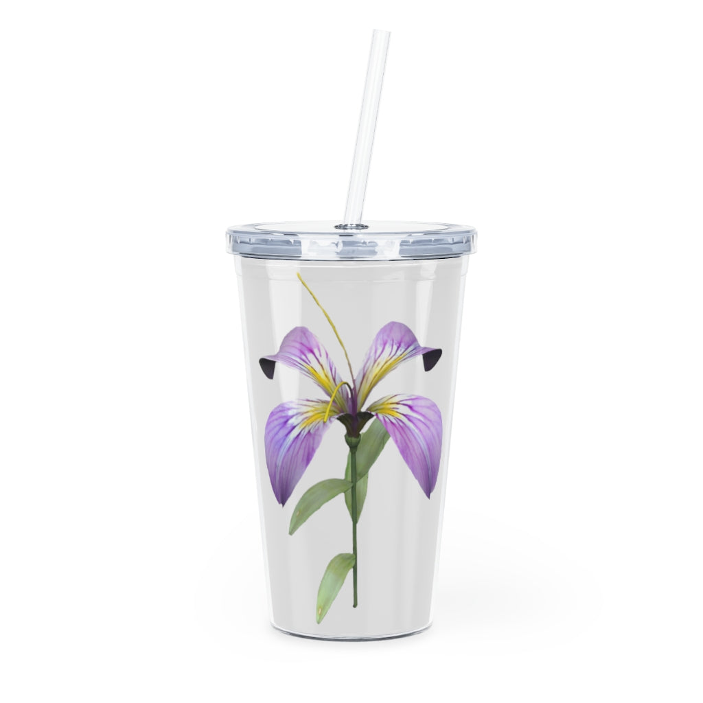 Purple Flower Plastic Tumbler with Straw, featuring a vibrant floral design and a lid with a straw, perfect for drinks.