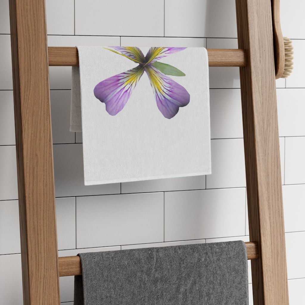 Purple Flower Rally Towel featuring a vibrant floral design on a soft polyester front and absorbent cotton backing, measuring 11x18 inches.