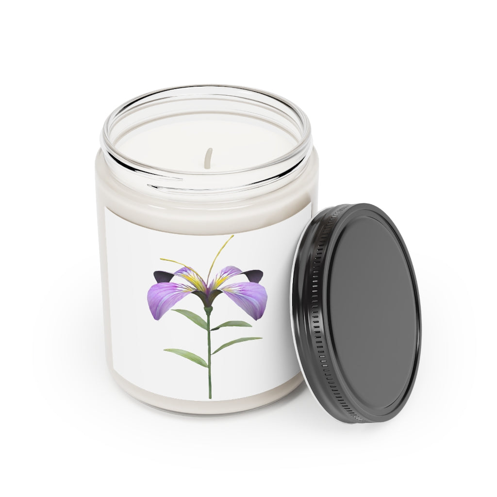 Purple Flower Scented Candle in a glass container, showcasing its elegant design and vibrant color.