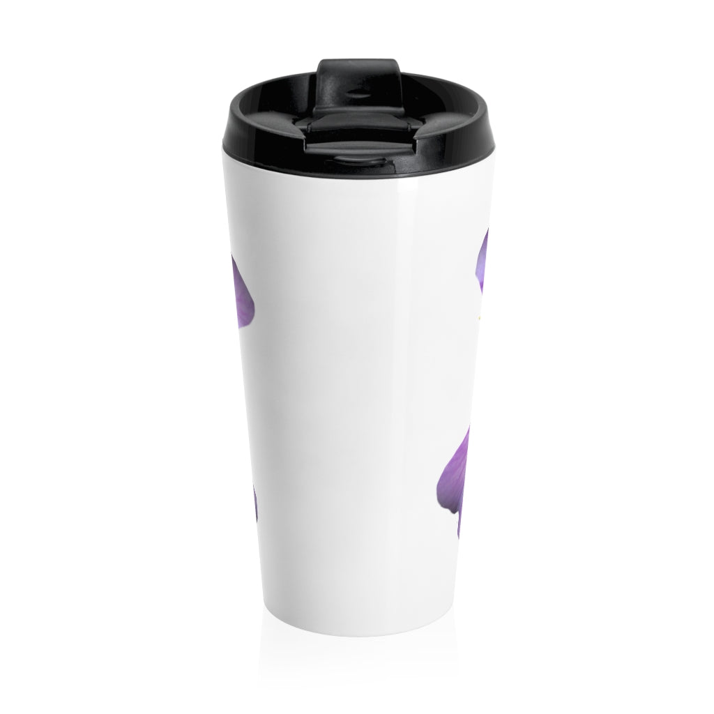 Purple Flower Stainless Steel Travel Mug with black lid, showcasing a beautiful floral design.