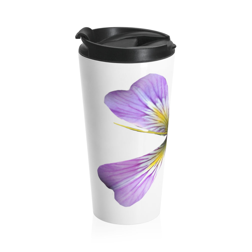 Purple Flower Stainless Steel Travel Mug with black lid, showcasing a beautiful floral design.