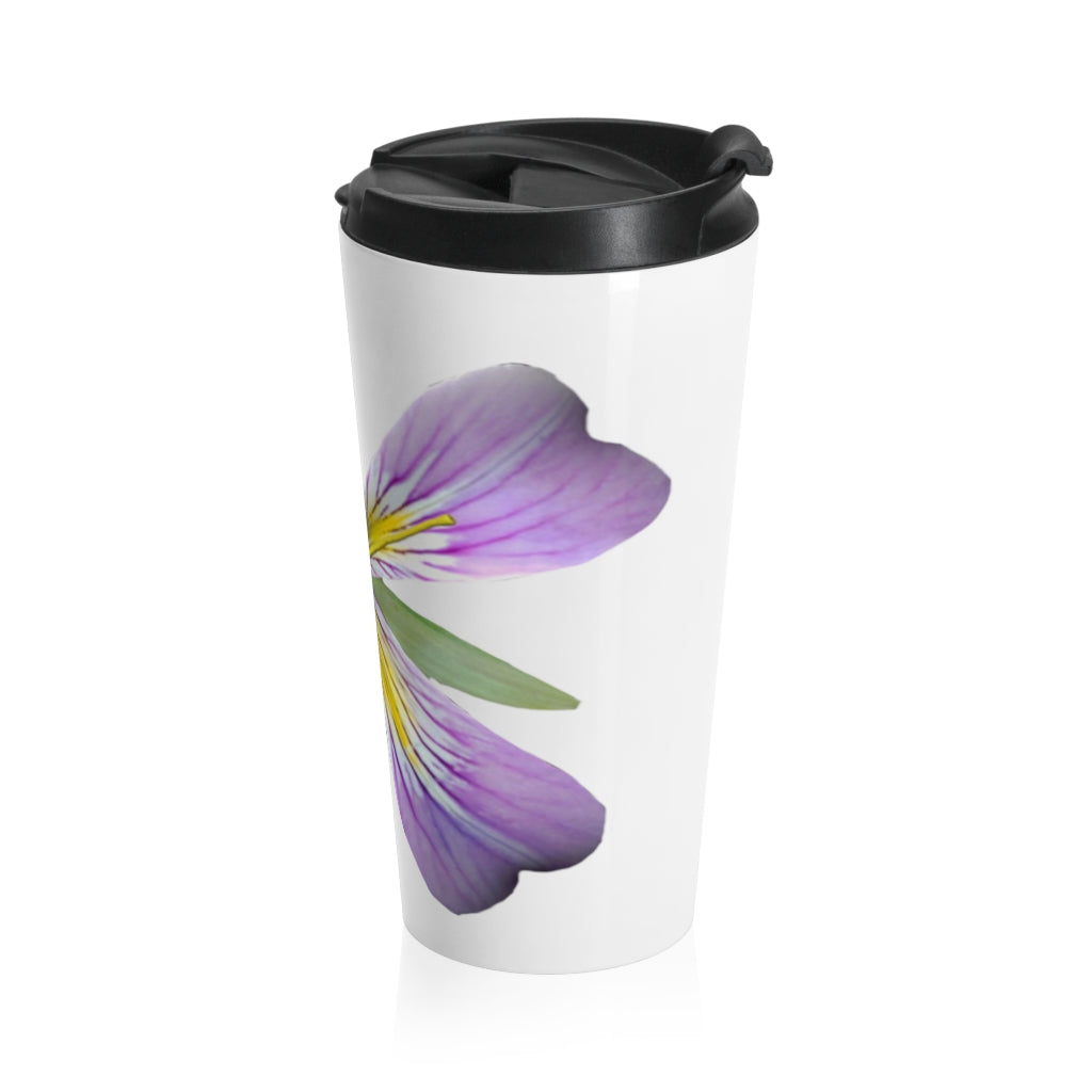 Purple Flower Stainless Steel Travel Mug with black lid, showcasing a beautiful floral design.