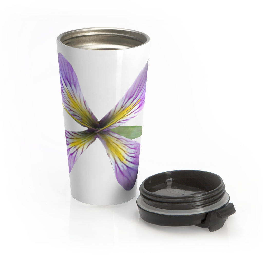 Purple Flower Stainless Steel Travel Mug with black lid, showcasing a beautiful floral design.