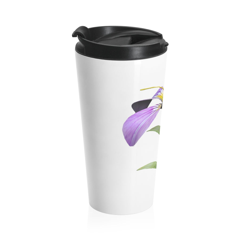 Purple Flower Stainless Steel Travel Mug with black lid, showcasing a vibrant floral design.
