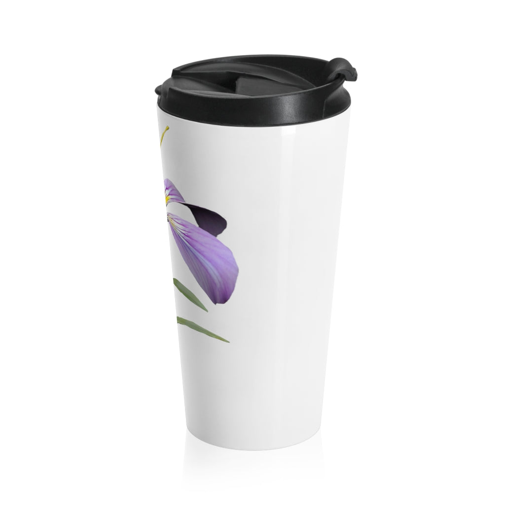 Purple Flower Stainless Steel Travel Mug with black lid, showcasing a vibrant floral design.