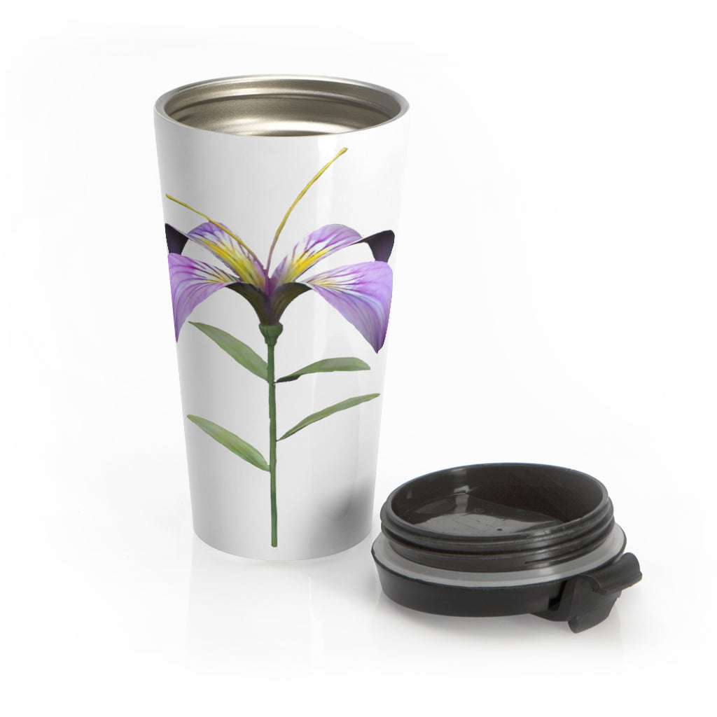 Purple Flower Stainless Steel Travel Mug with black lid, showcasing a vibrant floral design.