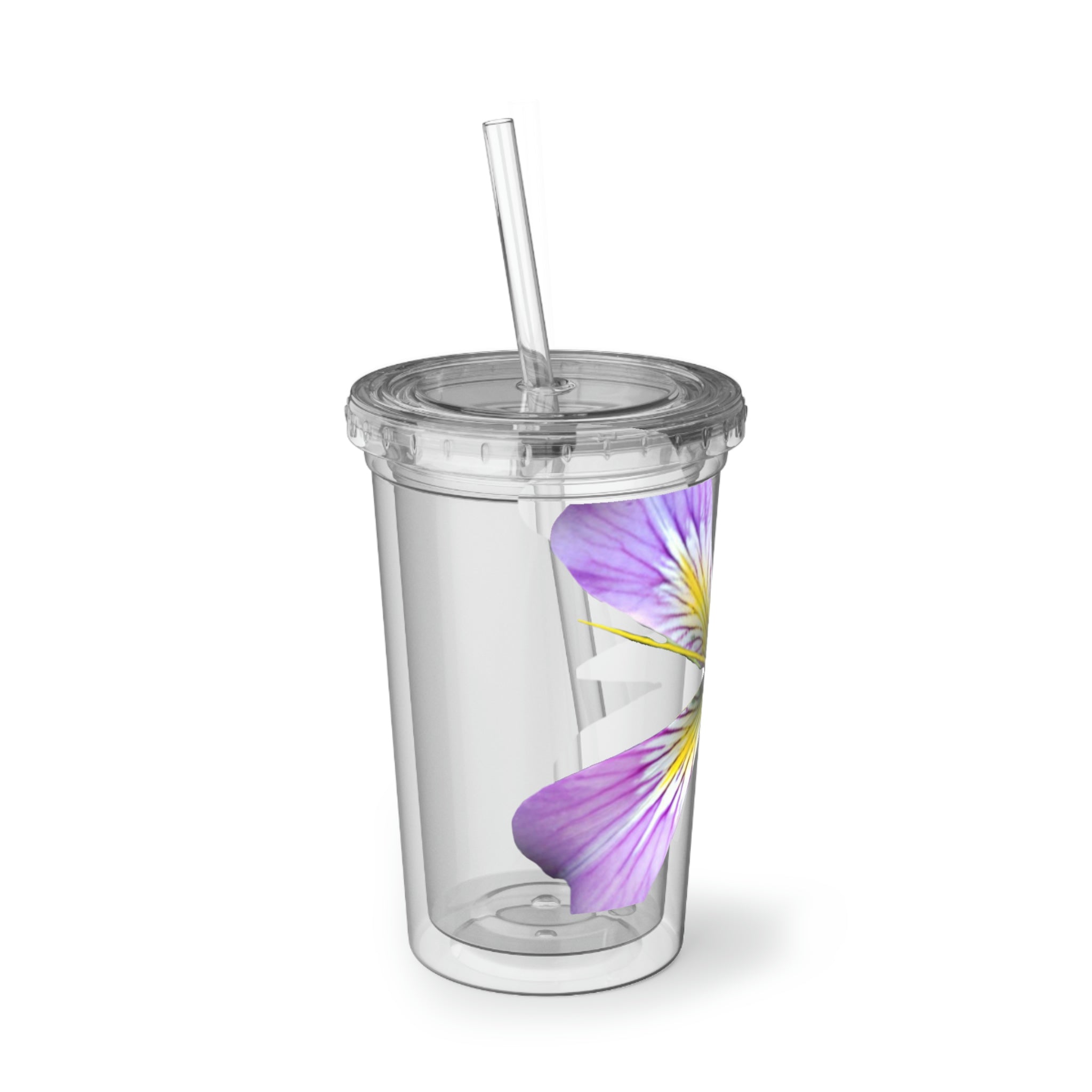 Purple Flower Suave Acrylic Cup with stainless steel body and black plastic cap, featuring a vibrant floral design.