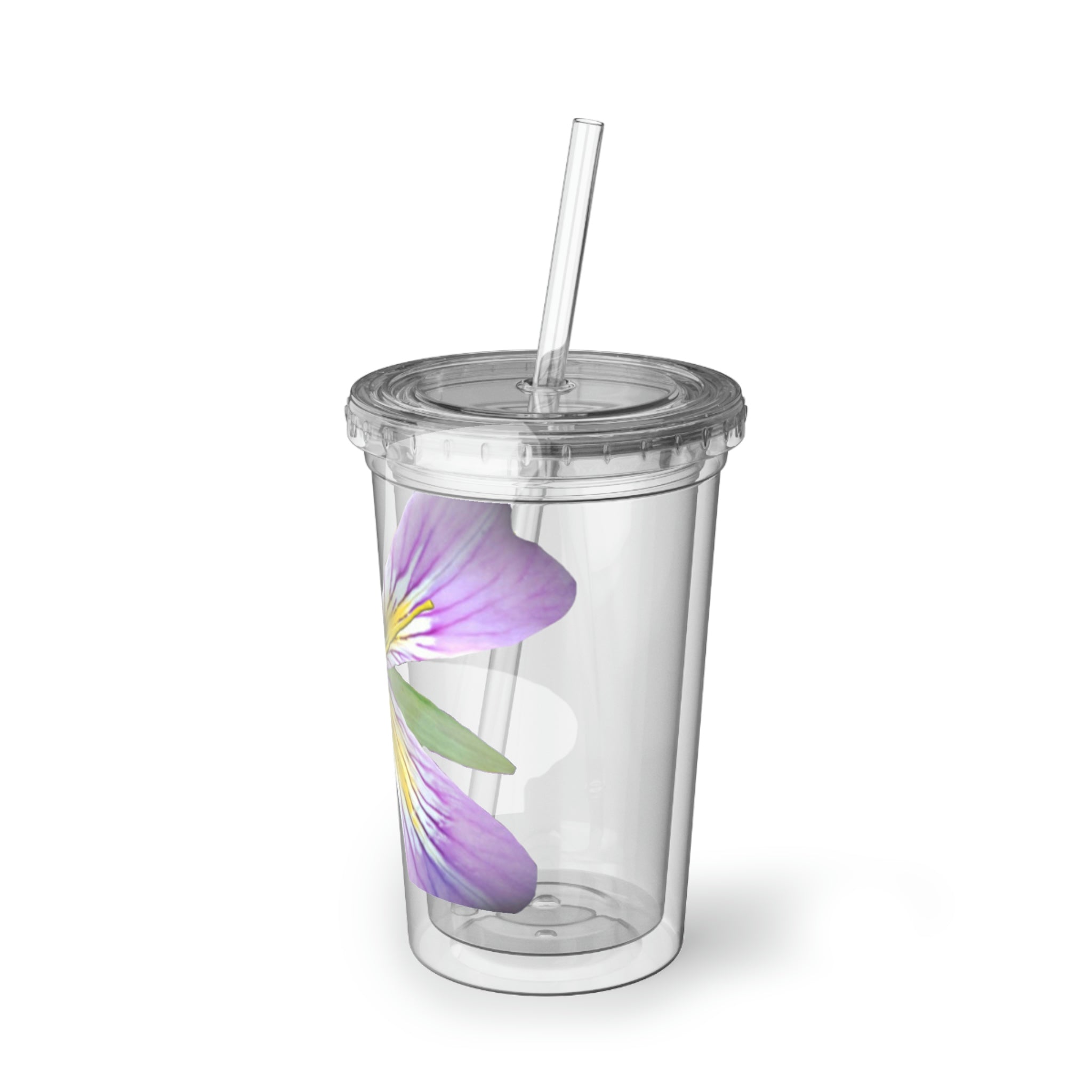 Purple Flower Suave Acrylic Cup with stainless steel body and black plastic cap, featuring a vibrant floral design.