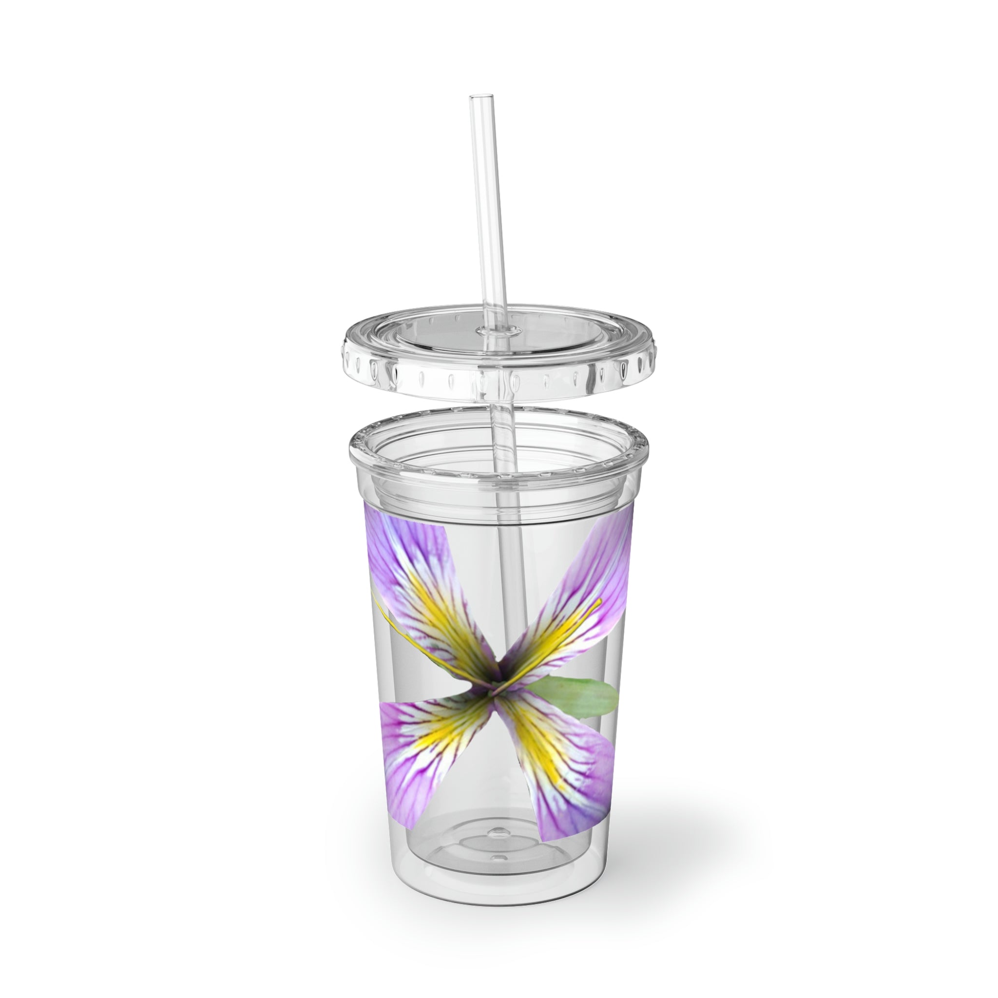Purple Flower Suave Acrylic Cup with stainless steel body and black plastic cap, featuring a vibrant floral design.