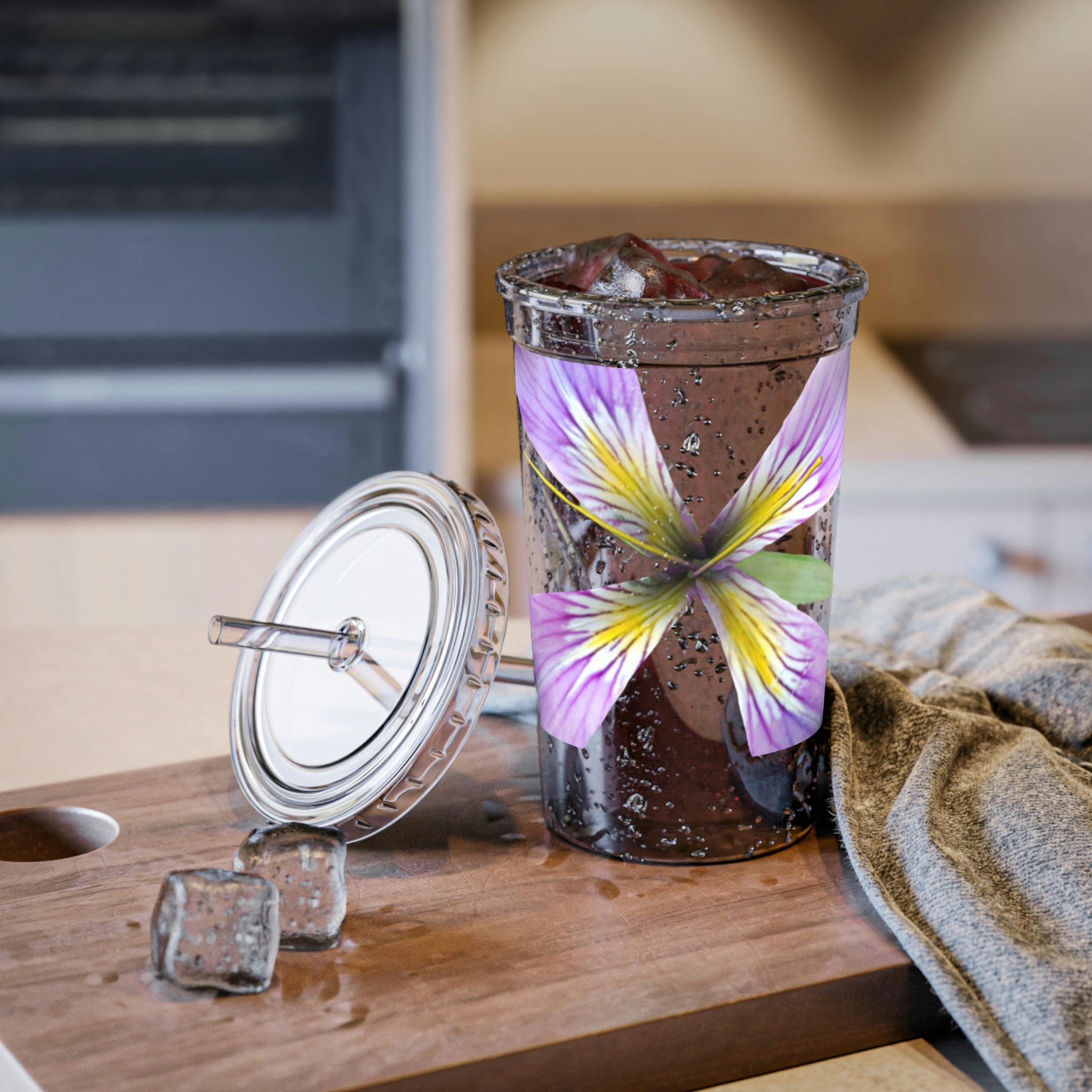 Purple Flower Suave Acrylic Cup with stainless steel body and black plastic cap, featuring a vibrant floral design.