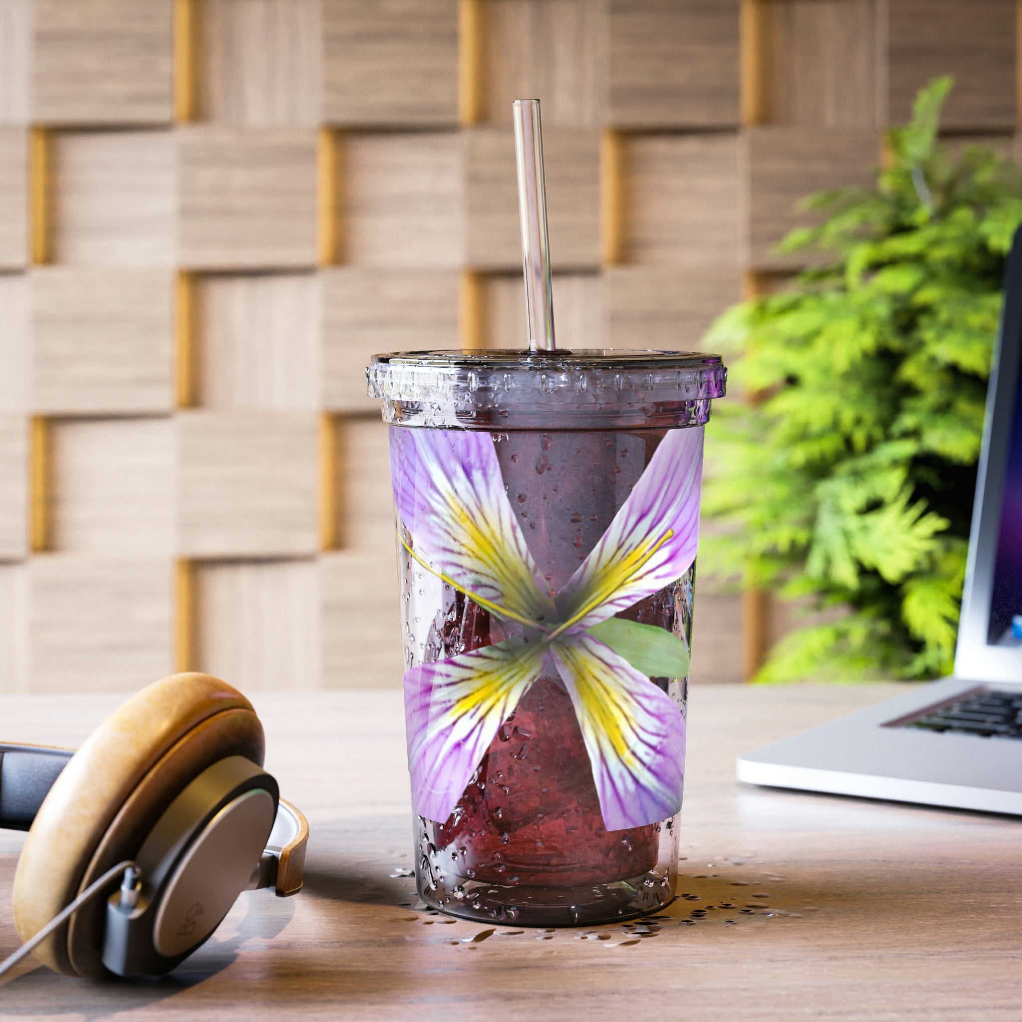 Purple Flower Suave Acrylic Cup with stainless steel body and black plastic cap, featuring a vibrant floral design.