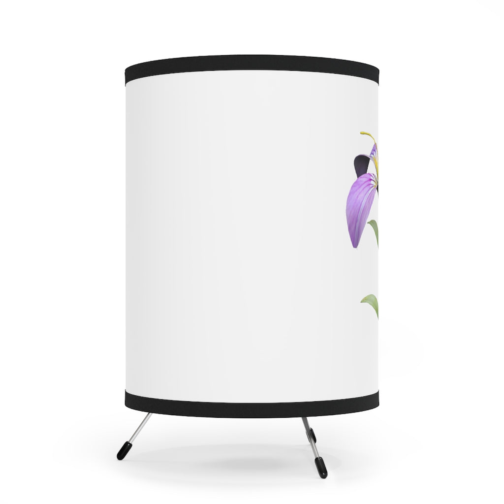 Purple Flower Tripod Lamp with custom high-res printed shade and galvanized steel base, designed for US and CA plugs.