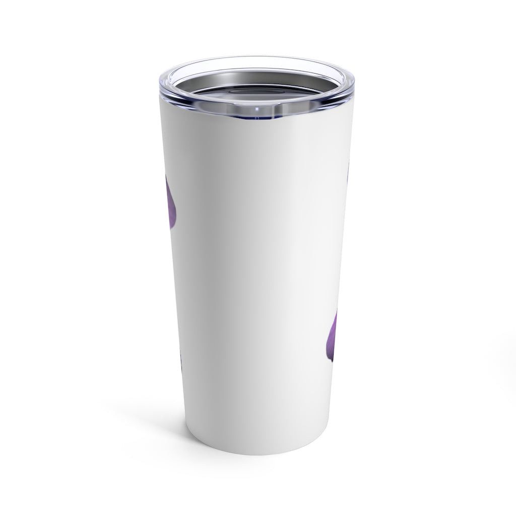 Purple Flower Tumbler 20oz made of stainless steel with a see-thru plastic lid, featuring a vibrant floral design.
