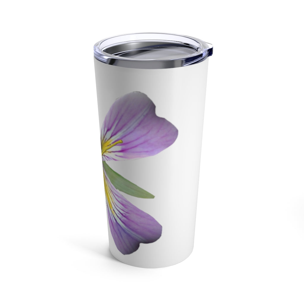 Purple Flower Tumbler 20oz made of stainless steel with a see-thru plastic lid, featuring a vibrant floral design.