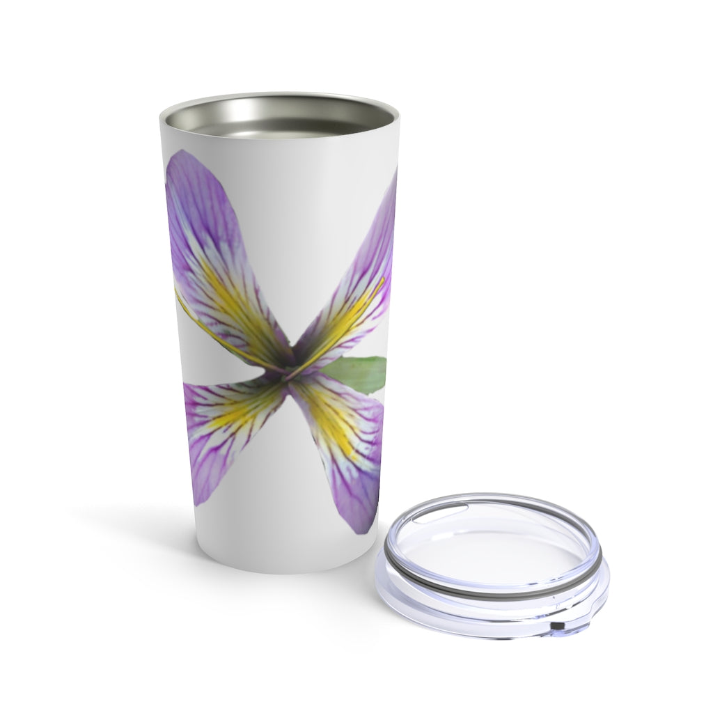 Purple Flower Tumbler 20oz made of stainless steel with a see-thru plastic lid, featuring a vibrant floral design.