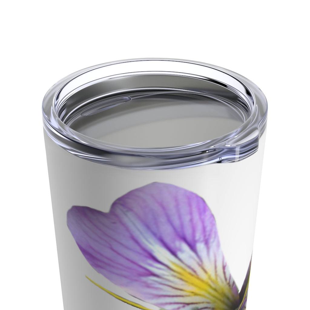 Purple Flower Tumbler 20oz made of stainless steel with a see-thru plastic lid, featuring a vibrant floral design.