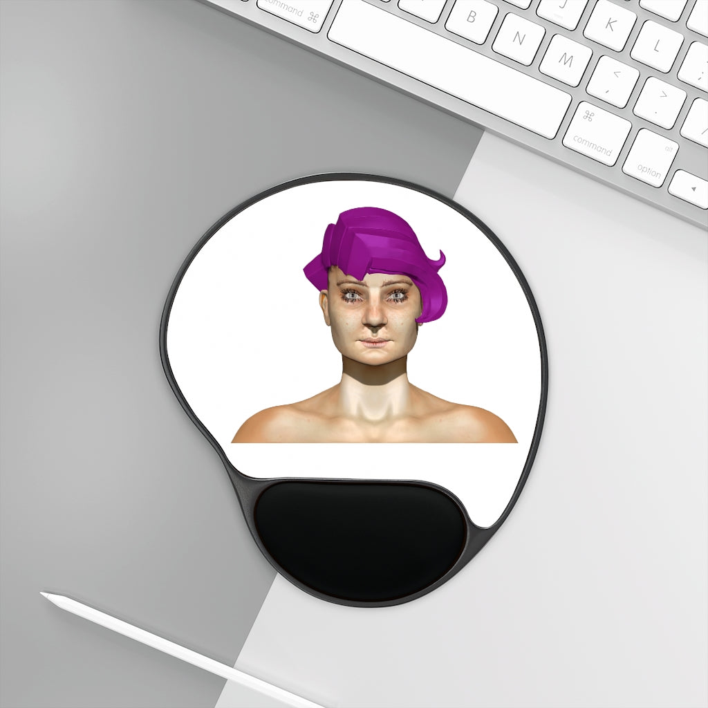 Purple Hair Girl Mouse Pad with ergonomic wrist rest, featuring a vibrant design and a foot-shaped base for stability.