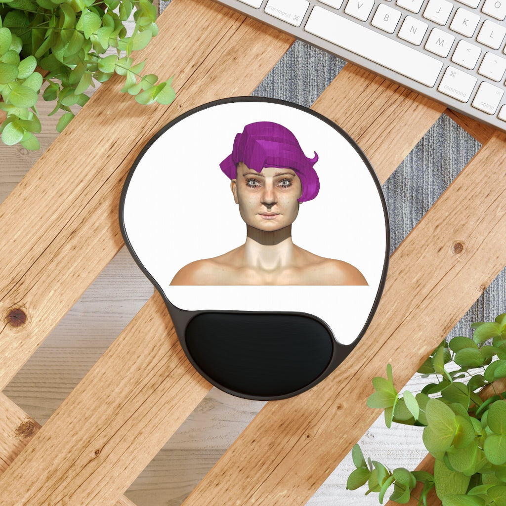 Purple Hair Girl Mouse Pad with ergonomic wrist rest, featuring a vibrant design and a foot-shaped base for stability.