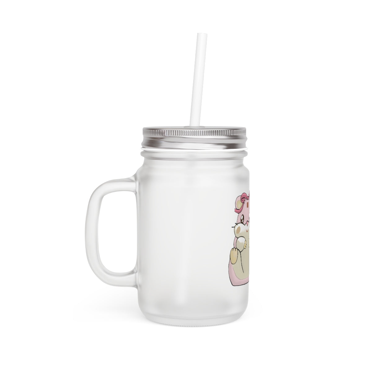Purple Hamster Mason Jar with straw and lid, made of frosted glass, perfect for personalized drinks.