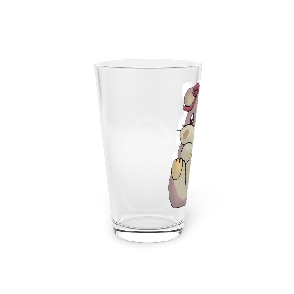 A clear 16oz Purple Hamster Pint Glass showcasing a custom printed design, perfect for beverages.